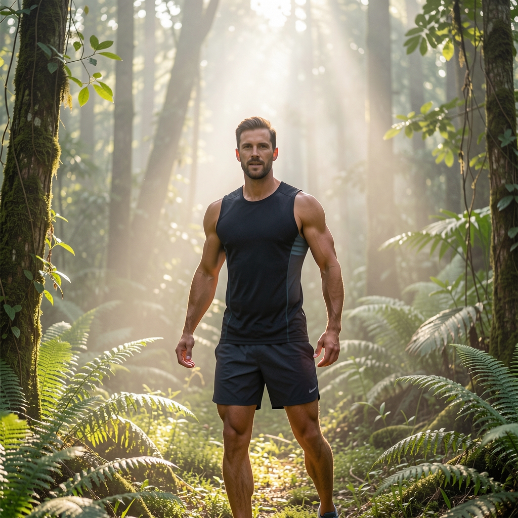 Active man in a sunlit forest clearing, wearing athletic wear, surrounded by botanical greenery and morning mist