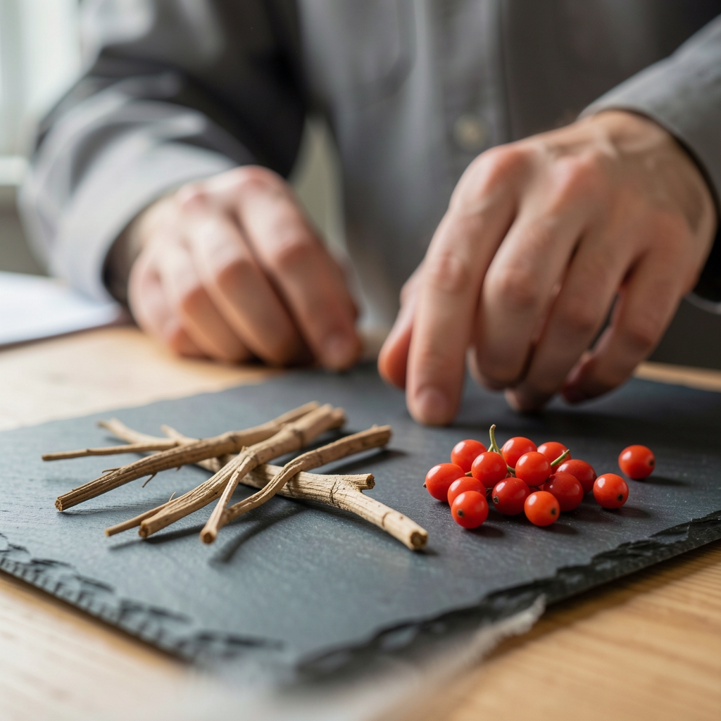 Close-up of eleuthero root and schisandra berry specimens on a slate surface with a researcher's magnifying glass and measurement notes