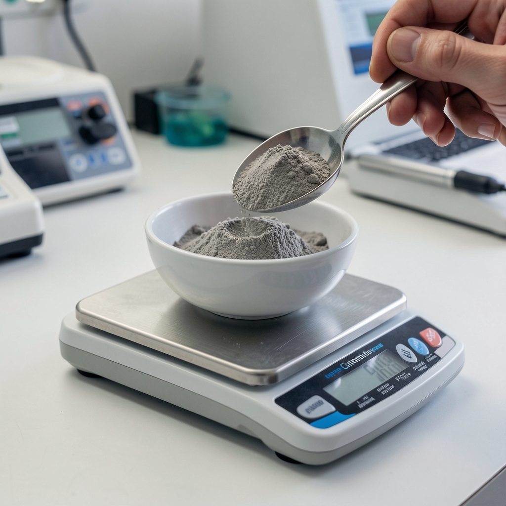 Close-up of pure iron bisglycinate powder measured into a small bowl on a precision scale in a quality-control workspace