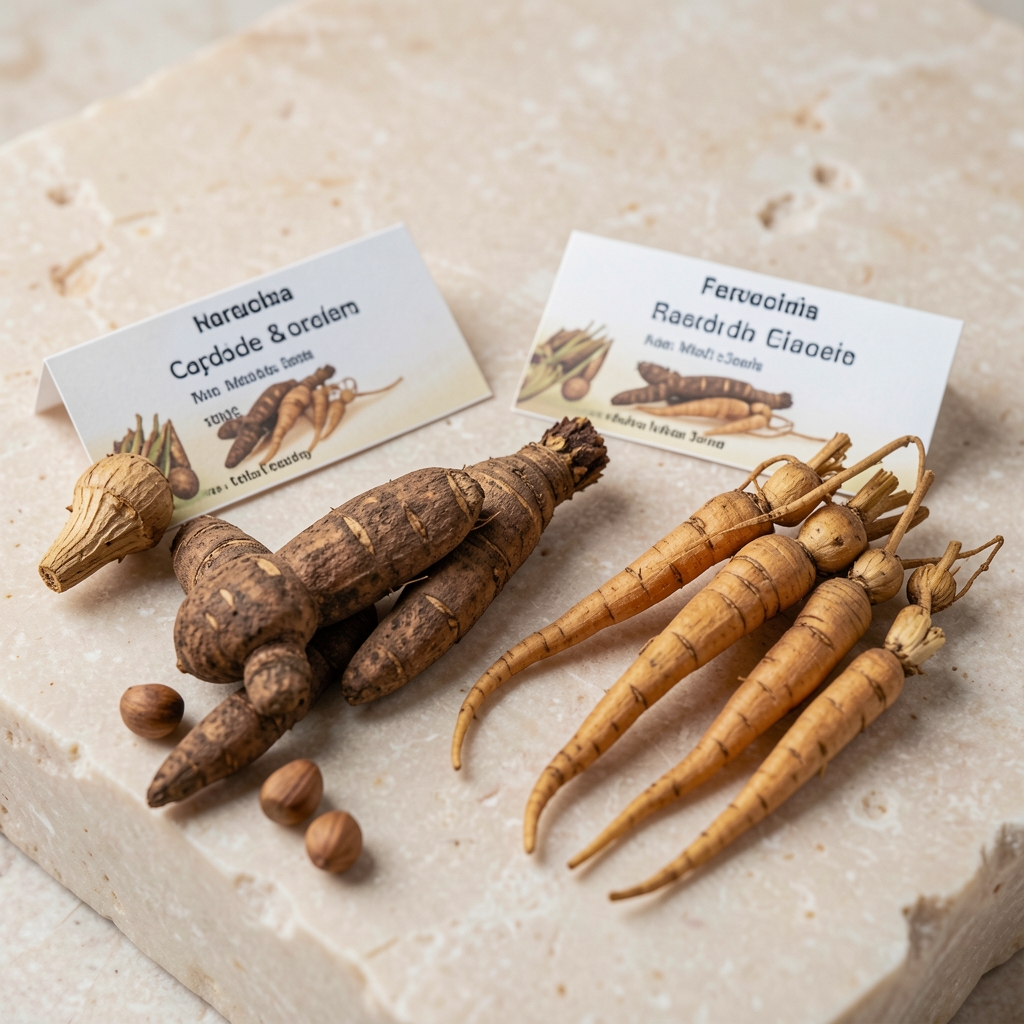 Peruvian maca root and cordyceps mushroom specimens arranged on a pale stone surface with origin documentation cards visible