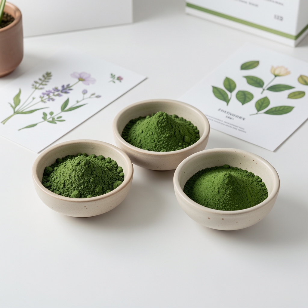 Green spirulina and chlorella powder samples measured into small ceramic bowls on a clean white workspace with botanical reference cards