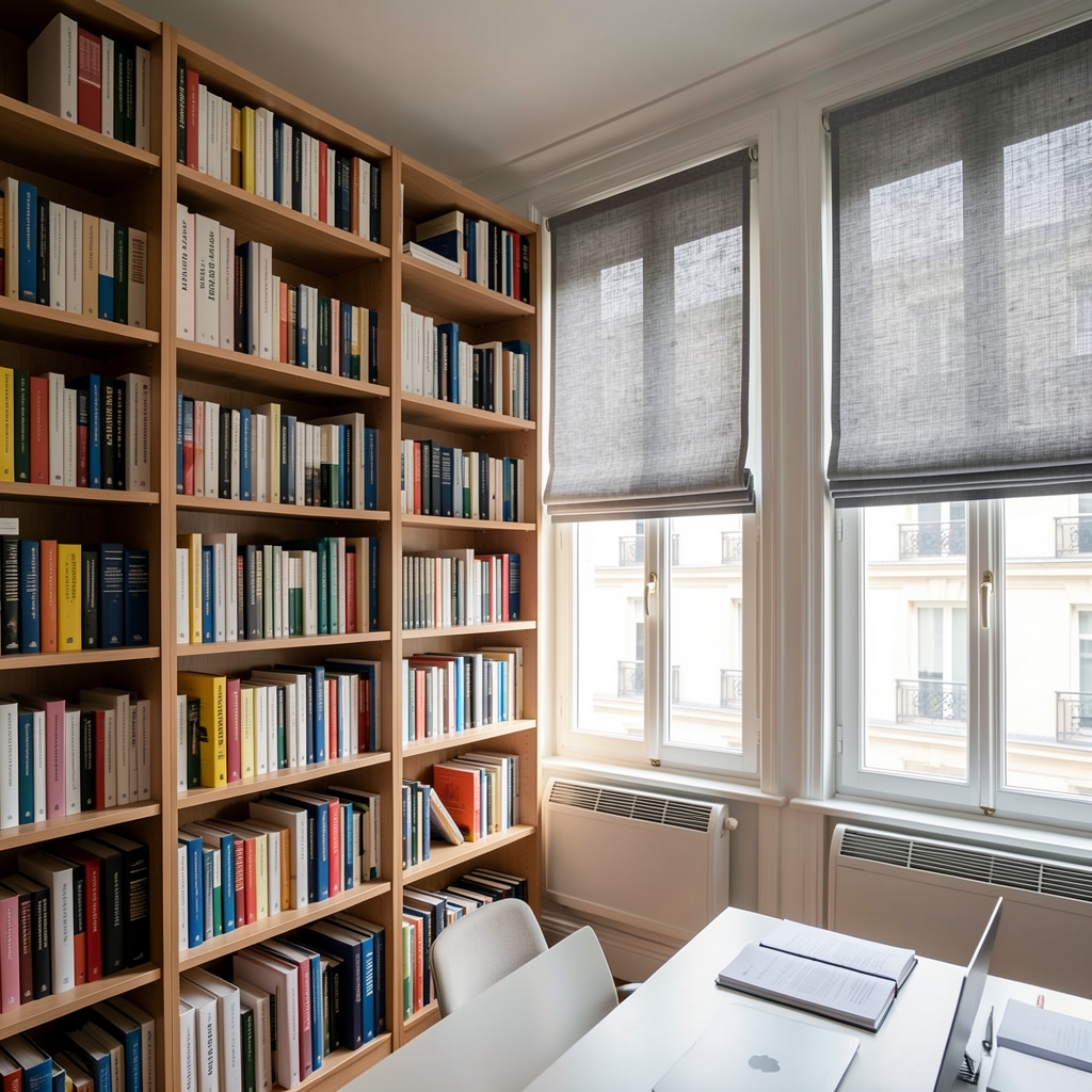 Interior of a Paris research office with floor-to-ceiling bookshelves filled with nutritional science texts and grey linen window shades